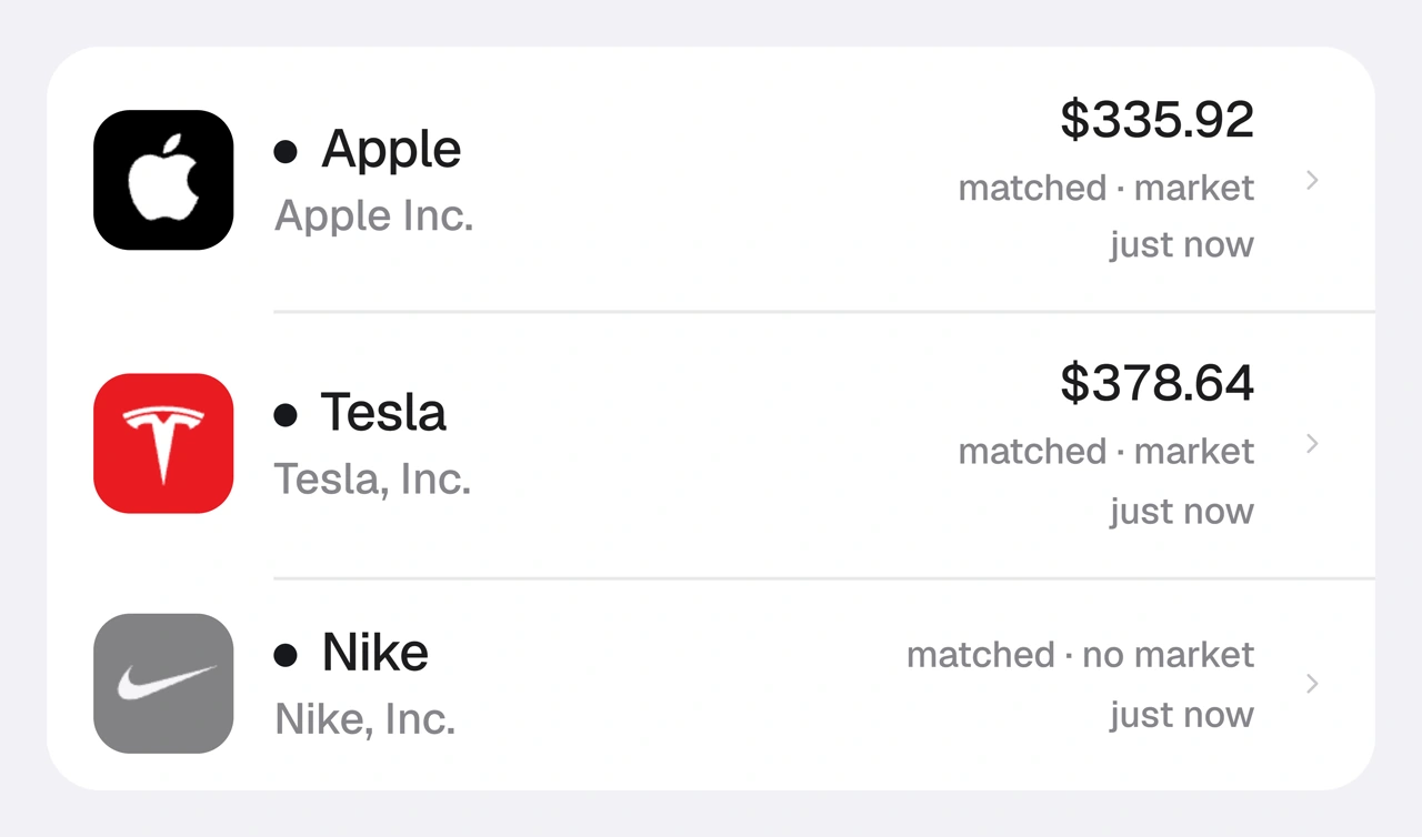 Three photos in the log: Apple and Tesla matched to a Stock Token with a live price, Nike matched to a company with no supported token.