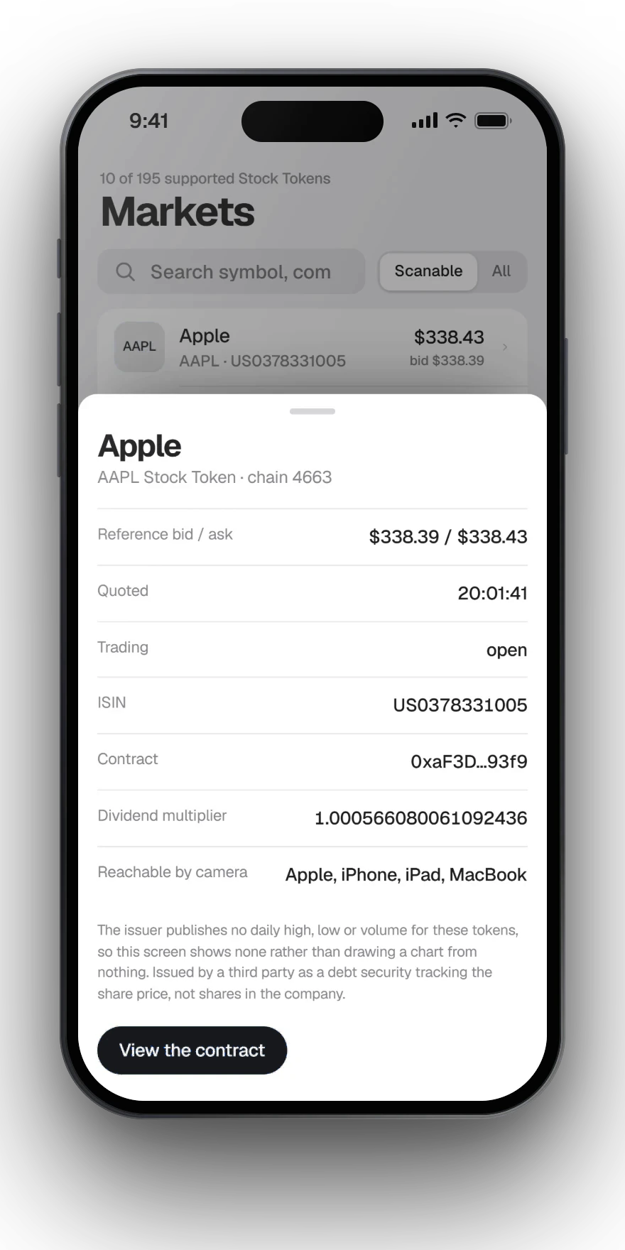 Spottr showing the Apple match at its reference bid and ask, with its ISIN and verified contract.