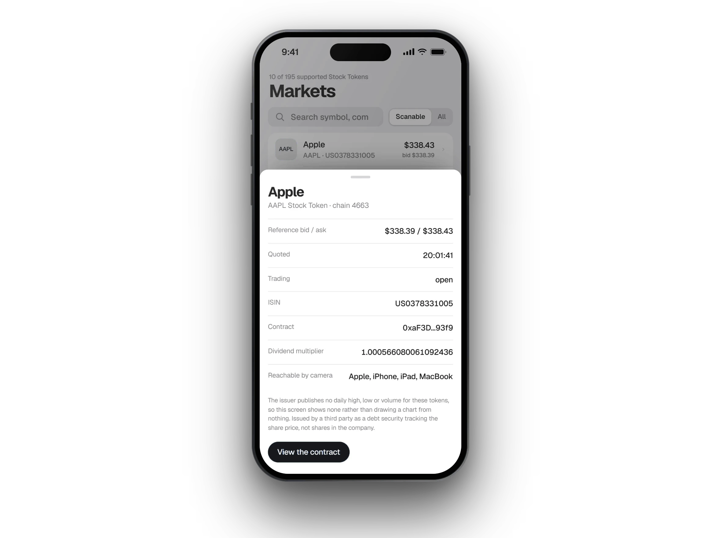Three phones running Spottr: the list of matchable Stock Tokens, the Apple match open at its reference bid and ask with its ISIN and verified contract, and the log with Apple and Tesla matched and Nike recorded with no token.
